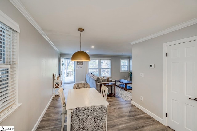 dining space featuring dark wood-type flooring and ornamental molding