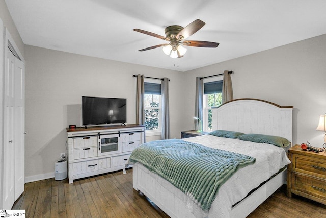 bedroom featuring dark wood-type flooring, ceiling fan, and a closet