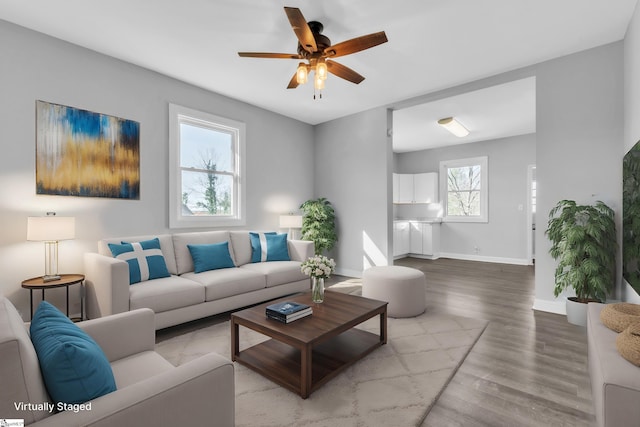 living room with wood-type flooring and ceiling fan