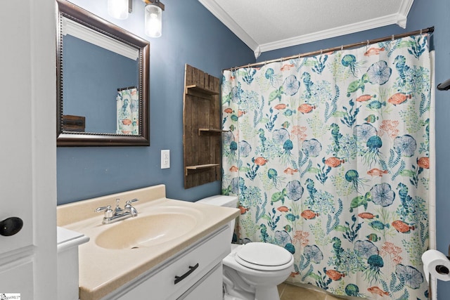 bathroom with crown molding, vanity, a textured ceiling, and toilet