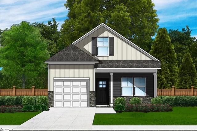 203 Brown Cir Lot 87, Easley, SC 29642 - view of front facade with board and batten siding, a shingled roof, driveway, a garage, and stone siding