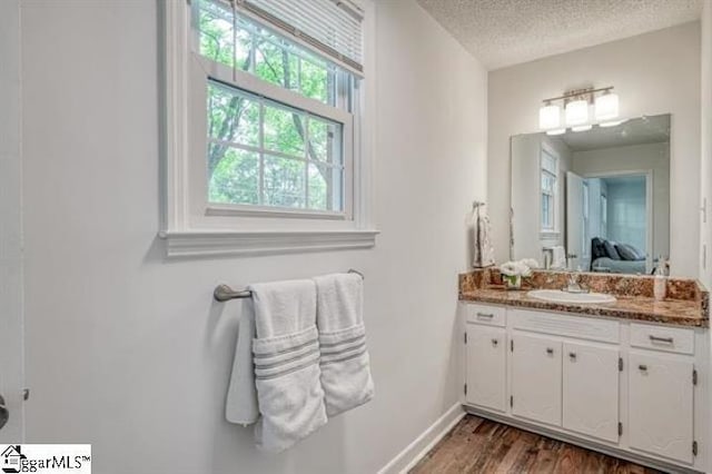 bathroom with vanity, hardwood / wood-style floors, and a textured ceiling