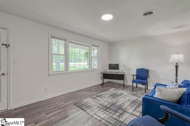 living area featuring wood-type flooring and a textured ceiling