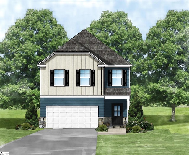 view of front of home with board and batten siding, a front yard, driveway, stone siding, and an attached garage