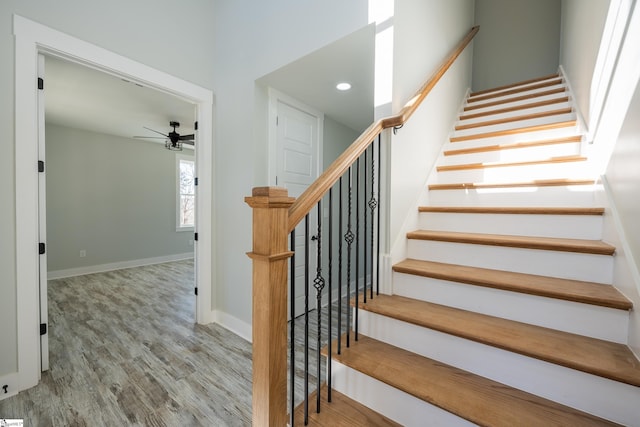 staircase featuring wood-type flooring and ceiling fan