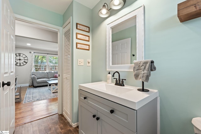 bathroom with wood-type flooring and vanity