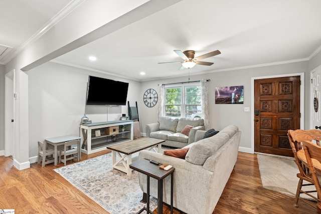 living room featuring ornamental molding, ceiling fan, and light wood-type flooring