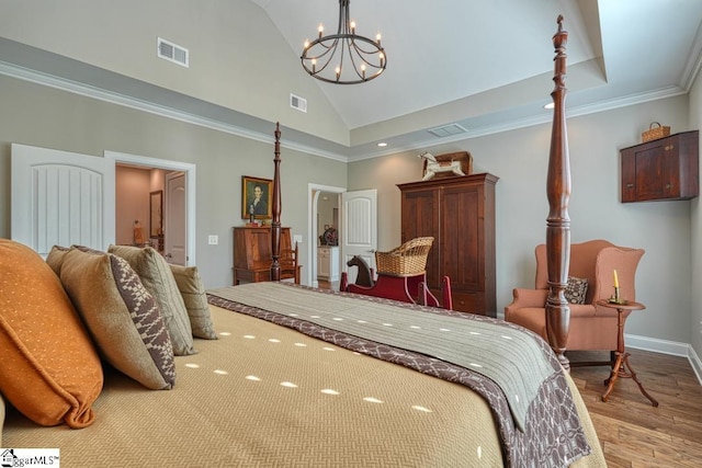 bedroom featuring an inviting chandelier, high vaulted ceiling, ornamental molding, and light hardwood / wood-style floors