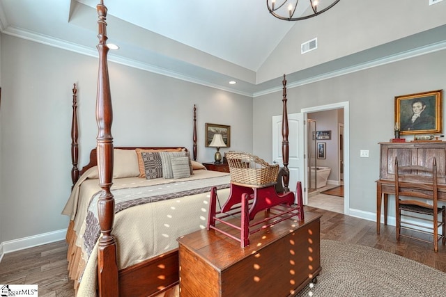 bedroom with connected bathroom, crown molding, wood-type flooring, and high vaulted ceiling