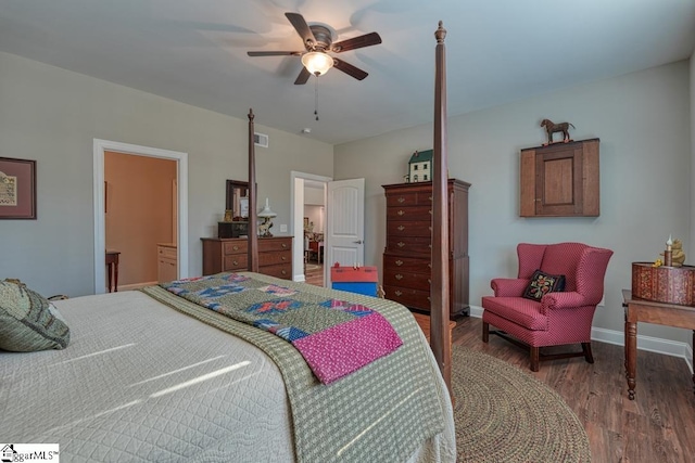 bedroom with wood-type flooring and ceiling fan