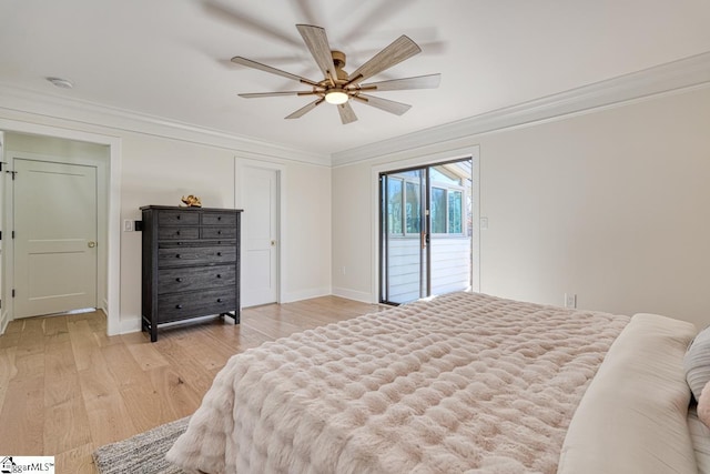 bedroom featuring ceiling fan, ornamental molding, access to exterior, and light hardwood / wood-style floors