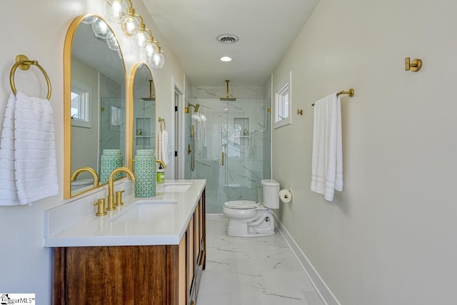 bathroom with walk in shower, toilet, and a wealth of natural light