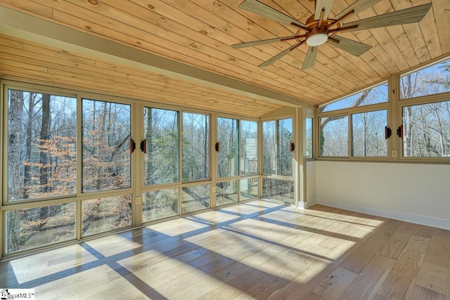 unfurnished sunroom with plenty of natural light and wooden ceiling