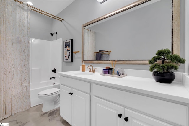 full bathroom featuring vanity, shower / bath combination with curtain, and toilet