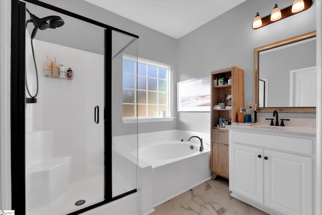 bathroom featuring independent shower and bath and vanity