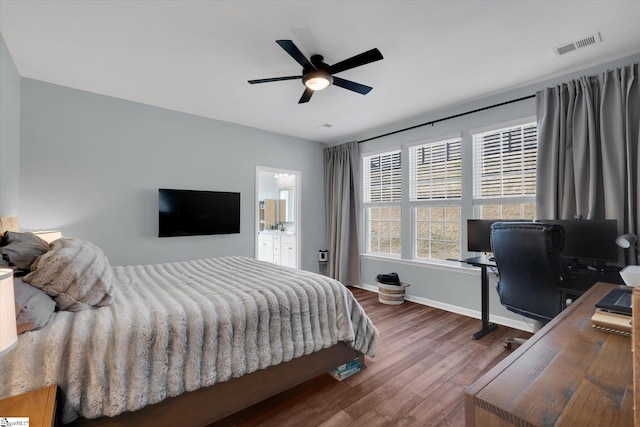 bedroom featuring hardwood / wood-style flooring and ceiling fan