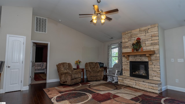 living room with ceiling fan, a fireplace, dark hardwood / wood-style floors, and high vaulted ceiling