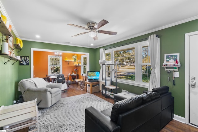 living room with ornamental molding, dark hardwood / wood-style floors, ceiling fan with notable chandelier, and a healthy amount of sunlight