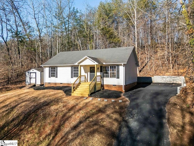 view of front of property with a shed