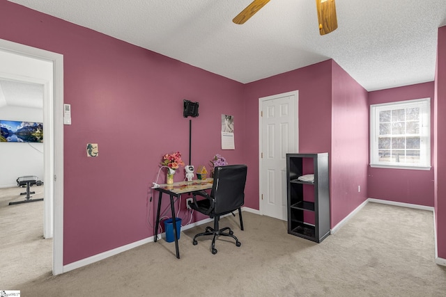 office space with ceiling fan, carpet, and a textured ceiling