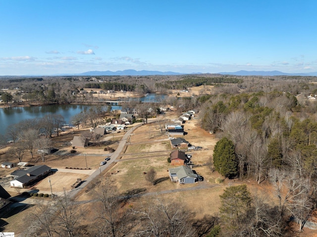 drone / aerial view featuring a water and mountain view