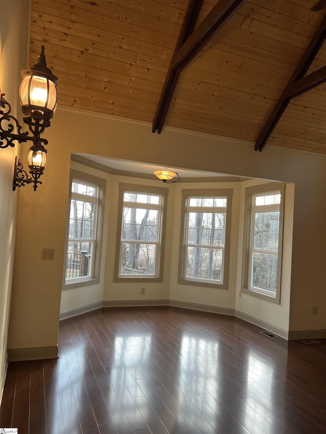 unfurnished room with wood ceiling, dark hardwood / wood-style flooring, and lofted ceiling with beams