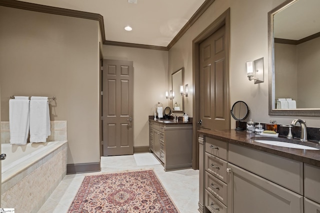 bathroom with vanity, a washtub, crown molding, and tile patterned flooring