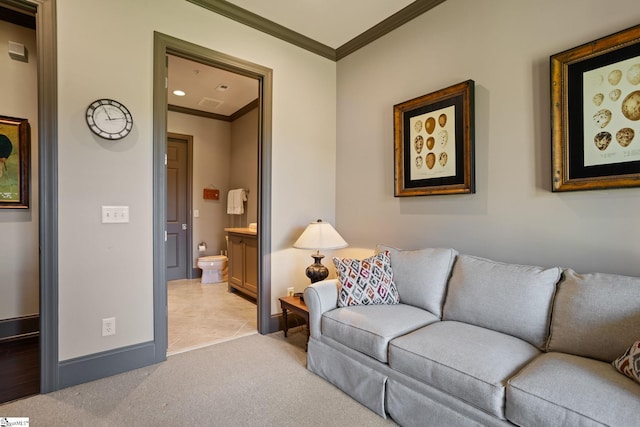 carpeted living room with crown molding