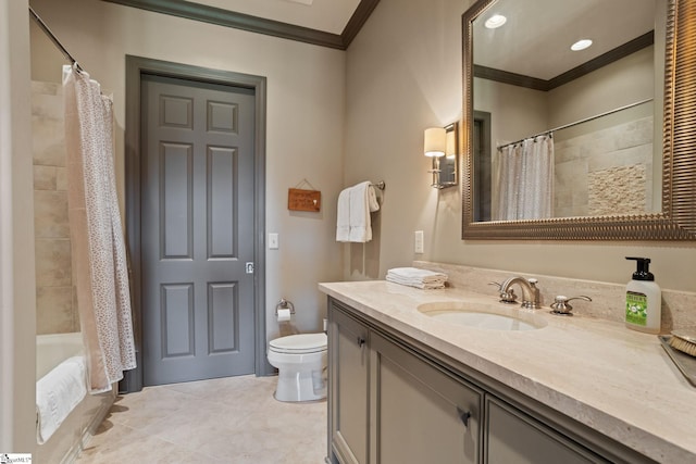 full bathroom with vanity, toilet, crown molding, tile patterned floors, and shower / bath combo with shower curtain