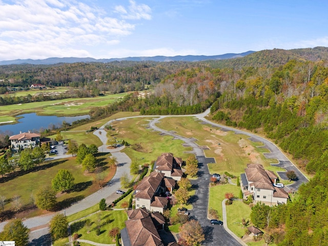 birds eye view of property with a water and mountain view