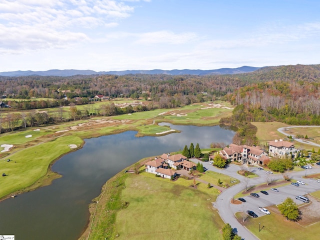 bird's eye view featuring a water and mountain view