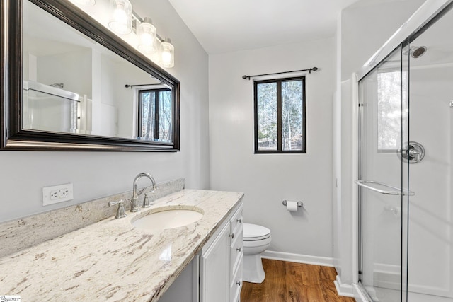 bathroom with wood-type flooring, toilet, a shower with door, and vanity