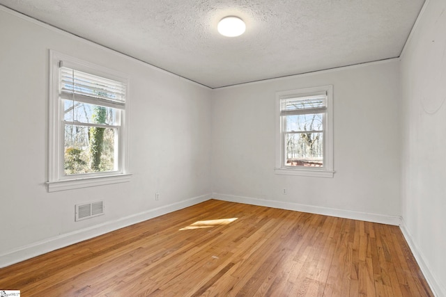 empty room with a textured ceiling, light hardwood / wood-style floors, and a healthy amount of sunlight