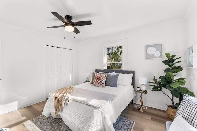 bedroom with crown molding, ceiling fan, light wood-type flooring, and a closet