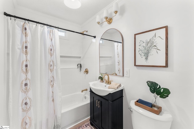 full bathroom with vanity, crown molding, shower / bath combo with shower curtain, and toilet