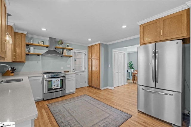 kitchen featuring sink, crown molding, appliances with stainless steel finishes, ventilation hood, and white cabinets