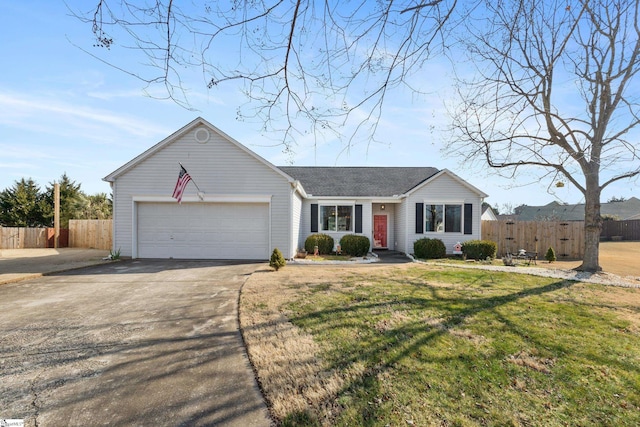 single story home with a garage and a front yard