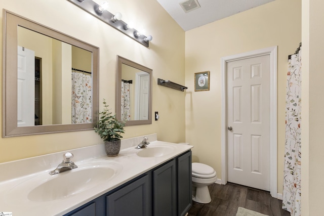 bathroom with vanity, toilet, and hardwood / wood-style floors