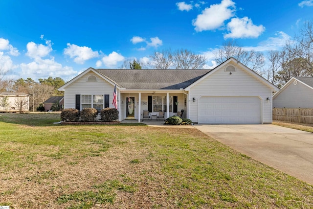 ranch-style house featuring a garage, a porch, and a front lawn