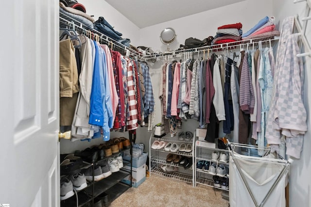 walk in closet with carpet flooring