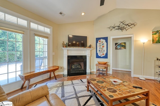 living room with wood-type flooring and lofted ceiling