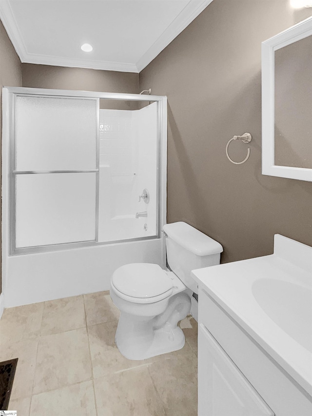 full bathroom featuring bath / shower combo with glass door, tile patterned flooring, vanity, toilet, and crown molding