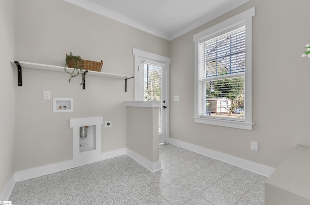 washroom with electric dryer hookup, hookup for a washing machine, and ornamental molding