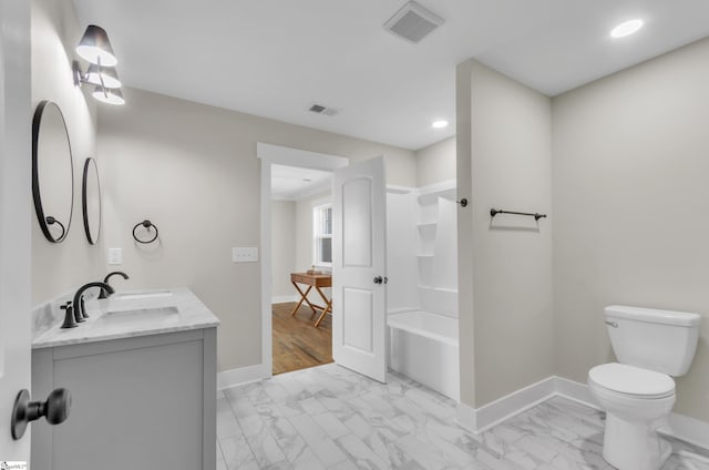 full bathroom with vanity, toilet, and shower / bathing tub combination