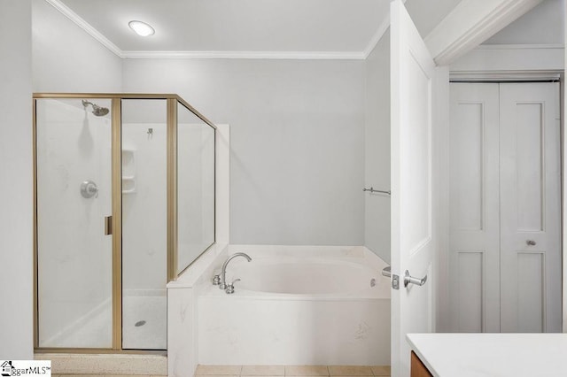 bathroom featuring shower with separate bathtub and crown molding