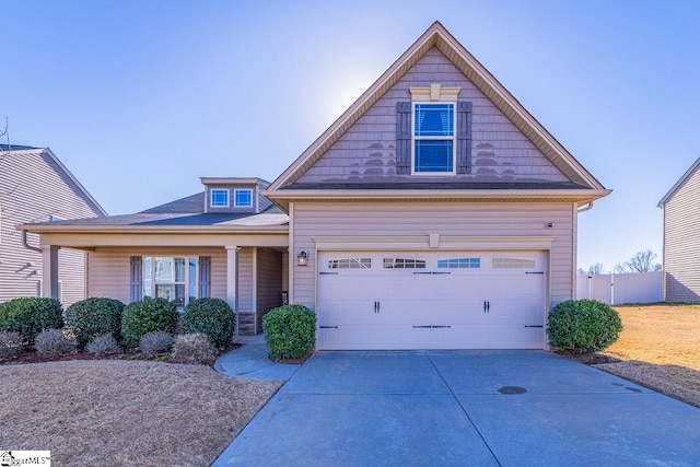 craftsman inspired home with a garage and a porch