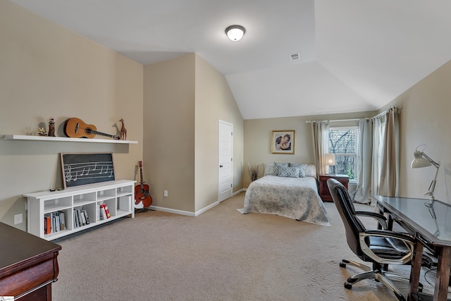 carpeted bedroom featuring lofted ceiling