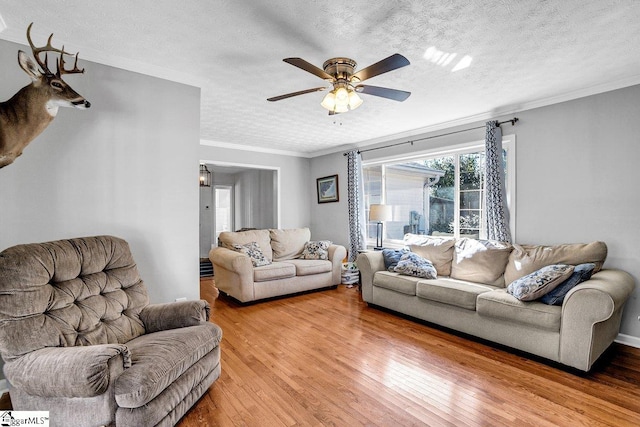 living room featuring ceiling fan, ornamental molding, light hardwood / wood-style floors, and a textured ceiling