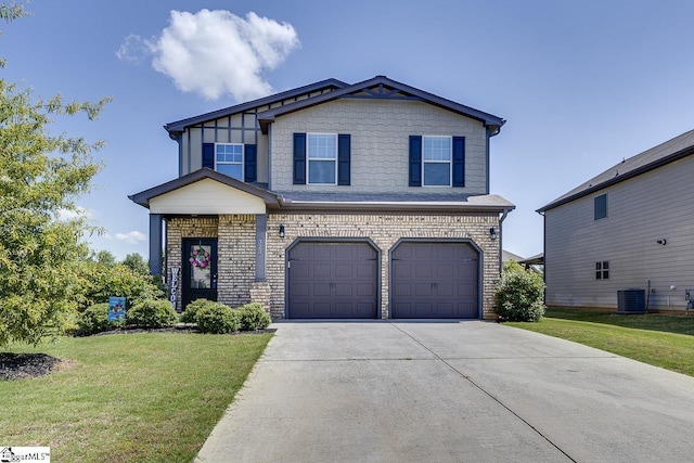 view of front of home featuring cooling unit, a garage, and a front lawn