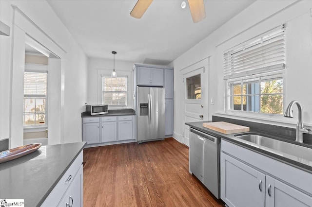 kitchen featuring appliances with stainless steel finishes, decorative light fixtures, sink, gray cabinetry, and dark hardwood / wood-style flooring